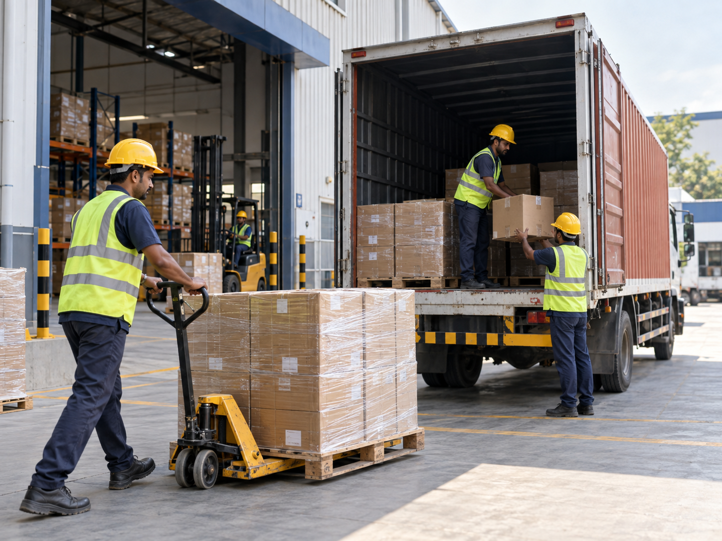 Forklift loading goods on a truck at a warehouse